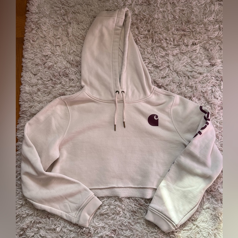 Carhartt Women's Cropped Hoodie in cream with Maroon Logo